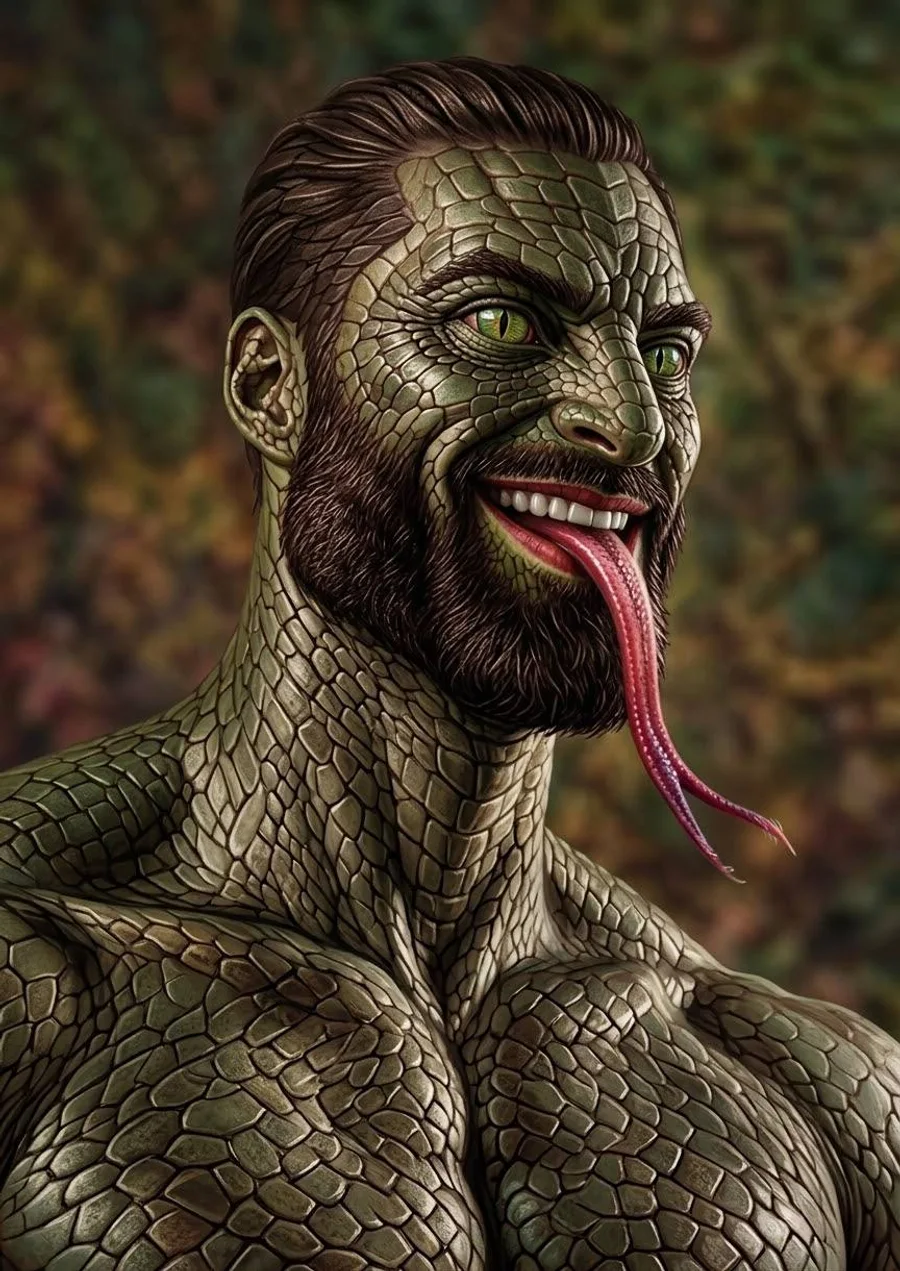 The Lizardmaxxing lizard-man, grinning, tongue out, fully scaled.